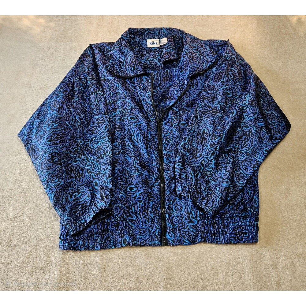 Vintage kiks Women's Print Windbreaker Jacket Blue Full Zip Elastic Hem Size L